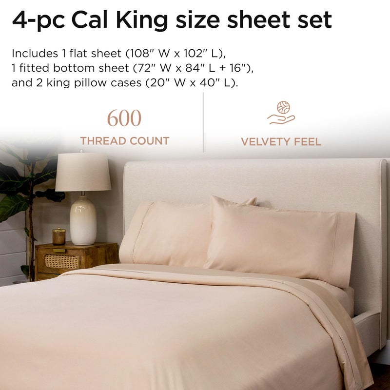 Threadmill 100% Cotton Sheets for Cal King Size Bed - 600 Thread Count Cal King Bed Sheets Set with 16â€ Deep Pocket - Sateen Weave 4-Piece Bedding Set with Cooling Effect, Beige - Image 2